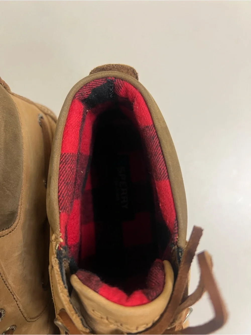 Sperry Tan Leather Moc Toe Boat Shoes with Red Plaid Lining